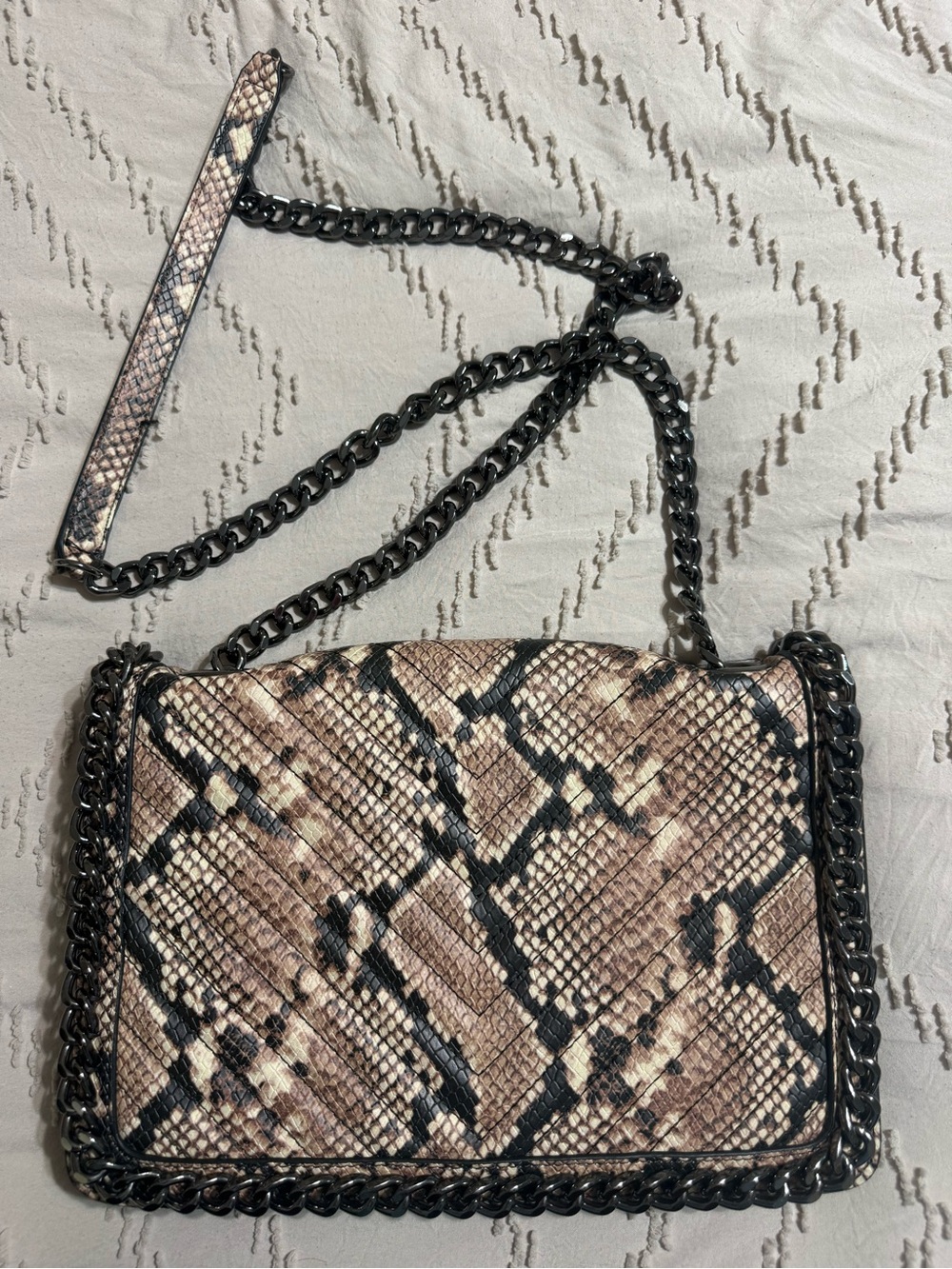 Aldo Snake-Print Shoulder Bag with Gunmetal Chain - Beige & Black